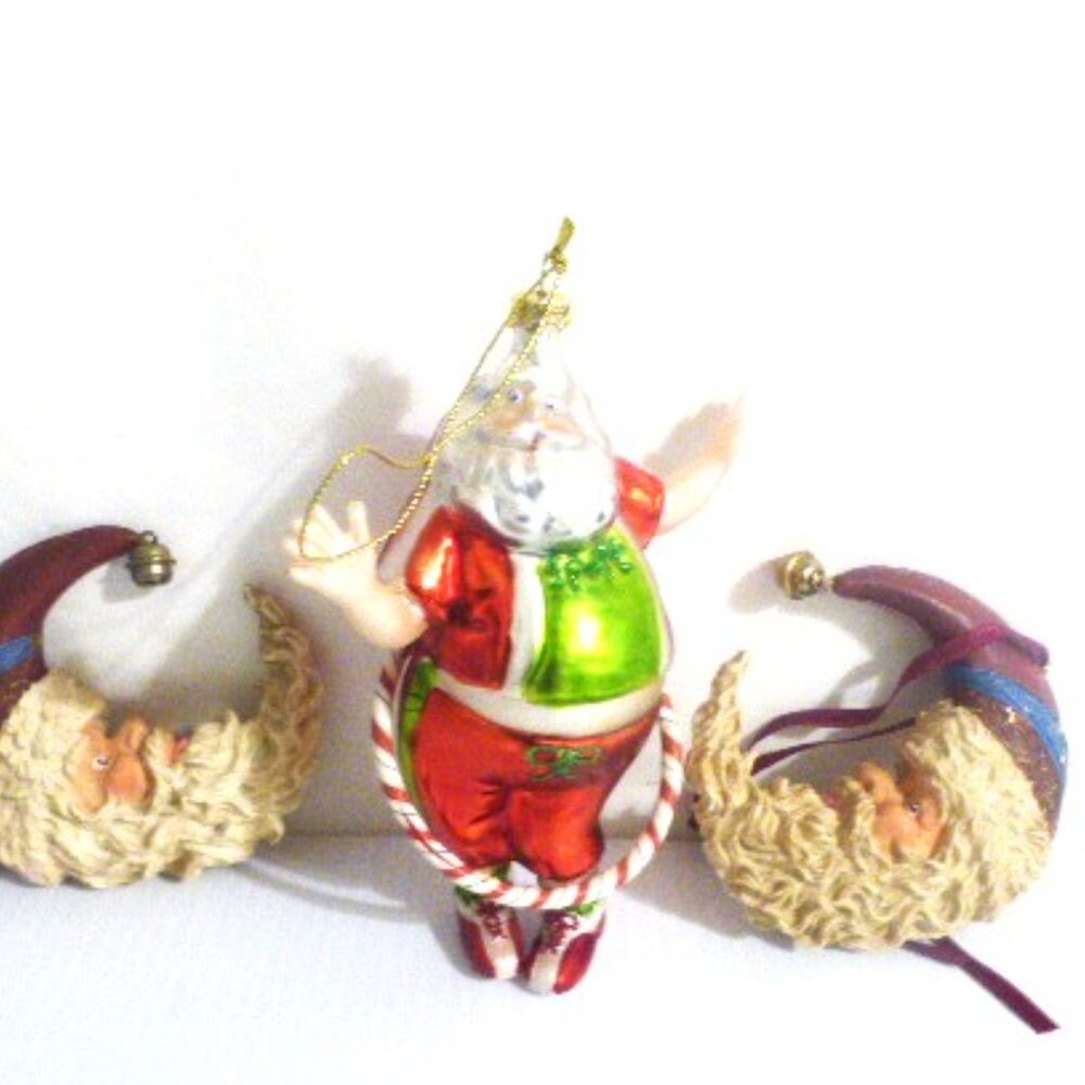 Vintage SANTA ORNAMENT 2x Santa MAN on the MOON Christmas Tree Ornament